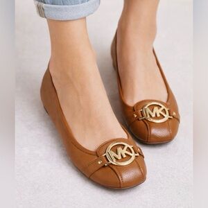 Michael Kors Women’s Size 7 Fulton Moc Luggage Brown Flats Ballet Moccasins Gold